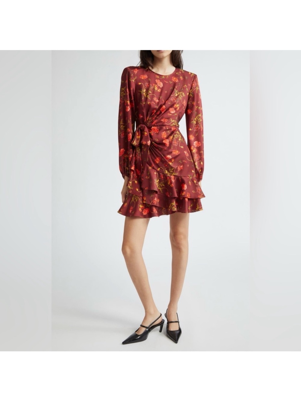 cinq a sept Burgundy Floral Long-Sleeve Tie-Waist Mini Dress